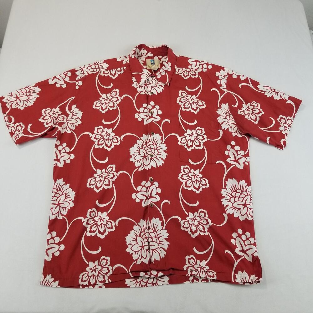 Kahala Hawaiian Shirt Mens XL Red White Floral Cotton Lawn Button Up Aloha